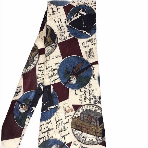 Structure Airplanes Ships Suitcases Letters Travel Tie Cream Blue - Picture 3 of 5